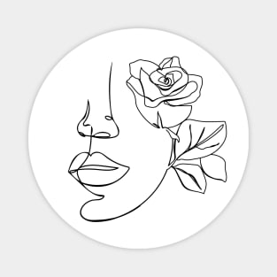 Minimal woman line art. One line woman face with rose flower. Magnet